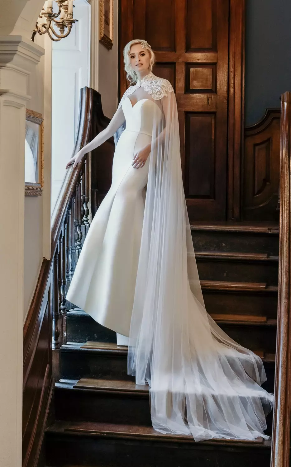 Plain strapless fishtail wedding dress with lace and tulle cape